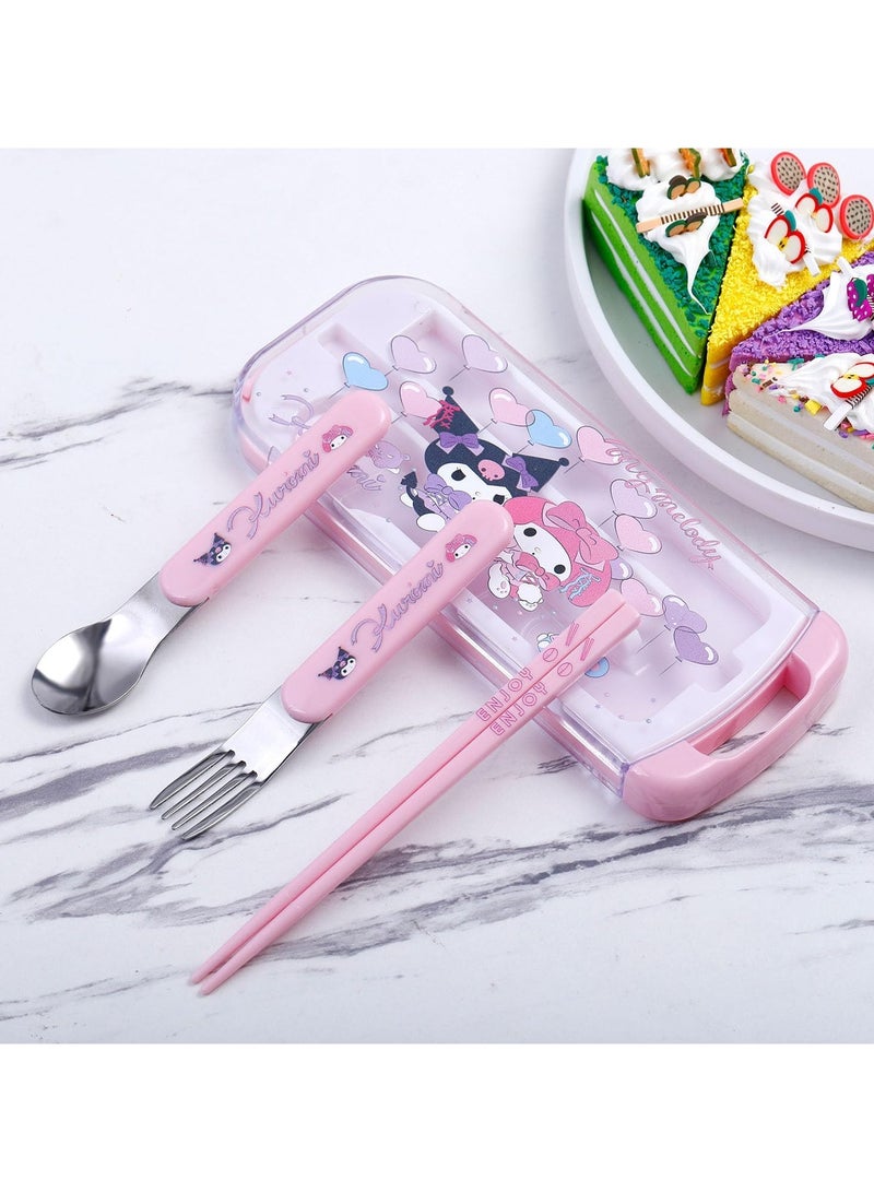 عام طقم أدوات مائدة محمولة بطبعة كارتونية من كاواي مع طقم أدوات مائدة كارتونية قابلة لإعادة الاستخدام مع صدفة عيدان طعام وشوكة وملعقة طعام للسفر والنزهات - Image 3