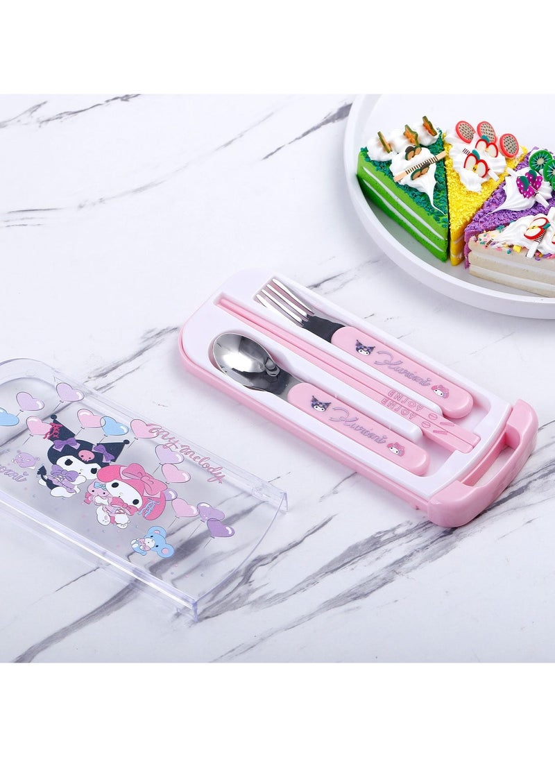 عام طقم أدوات مائدة محمولة بطبعة كارتونية من كاواي مع طقم أدوات مائدة كارتونية قابلة لإعادة الاستخدام مع صدفة عيدان طعام وشوكة وملعقة طعام للسفر والنزهات - Image 4