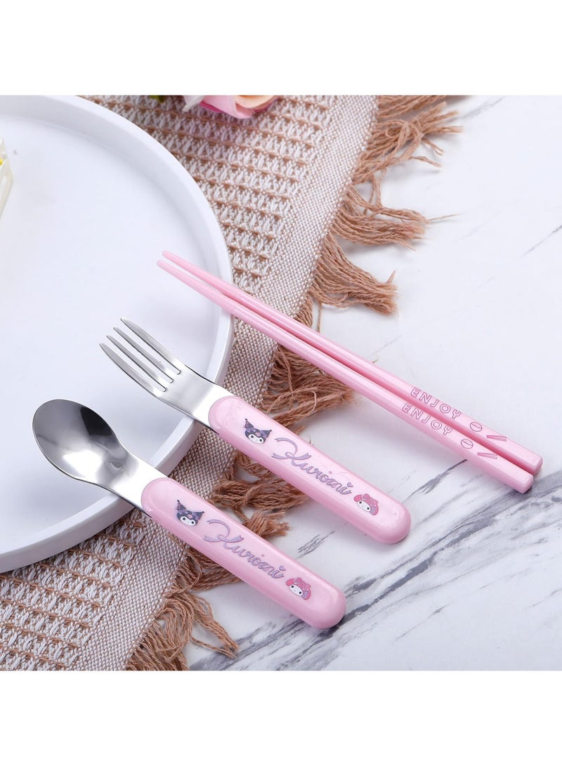 عام طقم أدوات مائدة محمولة بطبعة كارتونية من كاواي مع طقم أدوات مائدة كارتونية قابلة لإعادة الاستخدام مع صدفة عيدان طعام وشوكة وملعقة طعام للسفر والنزهات - Image 5