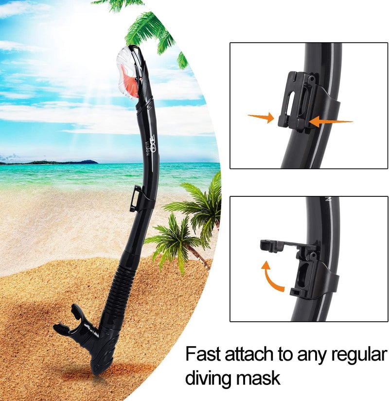 EXP VISION Dry Snorkel, Adult Dive Snorkel Free Breath Diving Snorkel Tube Food-Grade Silicone Mouthpiece Snorkeling Gear with Splash Guard Top Valve and Headstrap Clip for Snorkeling Swimming - Image 3