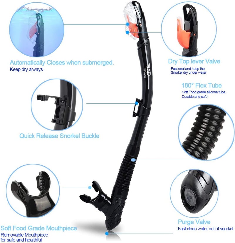 EXP VISION Dry Snorkel, Adult Dive Snorkel Free Breath Diving Snorkel Tube Food-Grade Silicone Mouthpiece Snorkeling Gear with Splash Guard Top Valve and Headstrap Clip for Snorkeling Swimming - Image 4