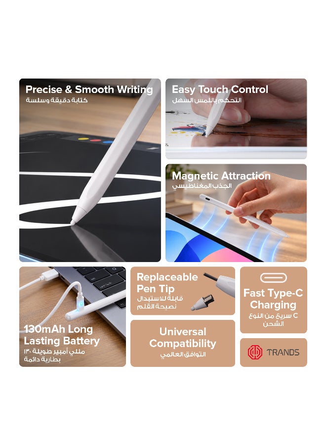 Trands  Active Stylus Pen with Magnetic Attraction, Universal Compatibility, Fast Type-C Charging, 130mAh Battery, White - Image 2