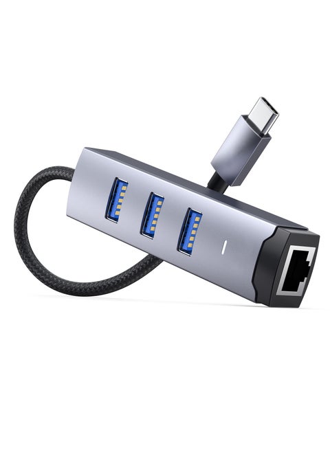 USB C to Ethernet Adapter, 4 in 1 Multiport Hub with Gigabit RJ45 & 3 x USB 3.0 Ports Fit for MacBook Pro Air, iMac, Mac Mini, iPad Pro, Galaxy S23, Surface Book, Dell XPS, Chromebook (Nylon Cable)