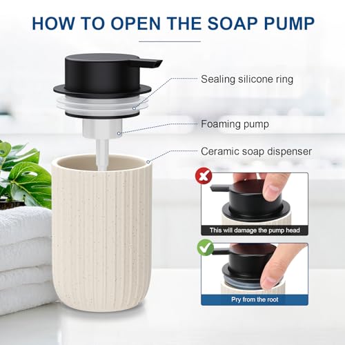 Dlirho Ceramic Foaming Soap Dispenser, 12 oz Bathroom Foam Hand Soap Dispenser, Refillable Lotion Soap Dispenser with Removable Pump for Kitchen Hand Wash Dispenser, Modern Home Decor (Speckled Beige) - Image 3