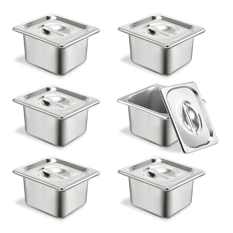 TSUBOR 6 Set Stainless Steel Hotel Pans 1/6 Size 4 Inch Deep With Lids, Anti-Jam Chafing Steam Table Pans, Catering Food Storage Metal Pan - Image 1