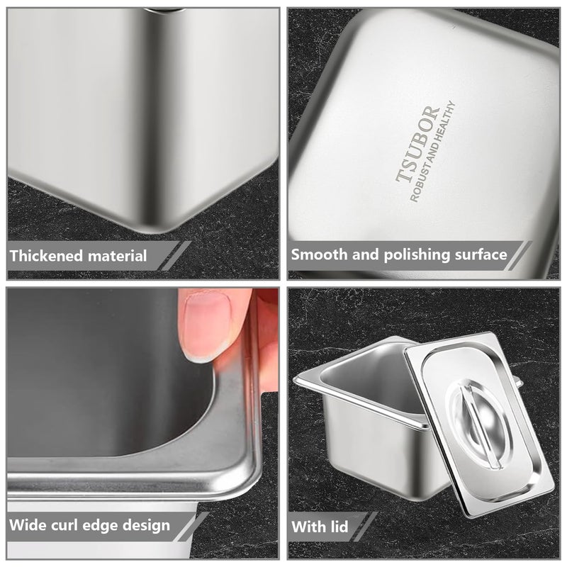 TSUBOR 6 Set Stainless Steel Hotel Pans 1/6 Size 4 Inch Deep With Lids, Anti-Jam Chafing Steam Table Pans, Catering Food Storage Metal Pan - Image 4