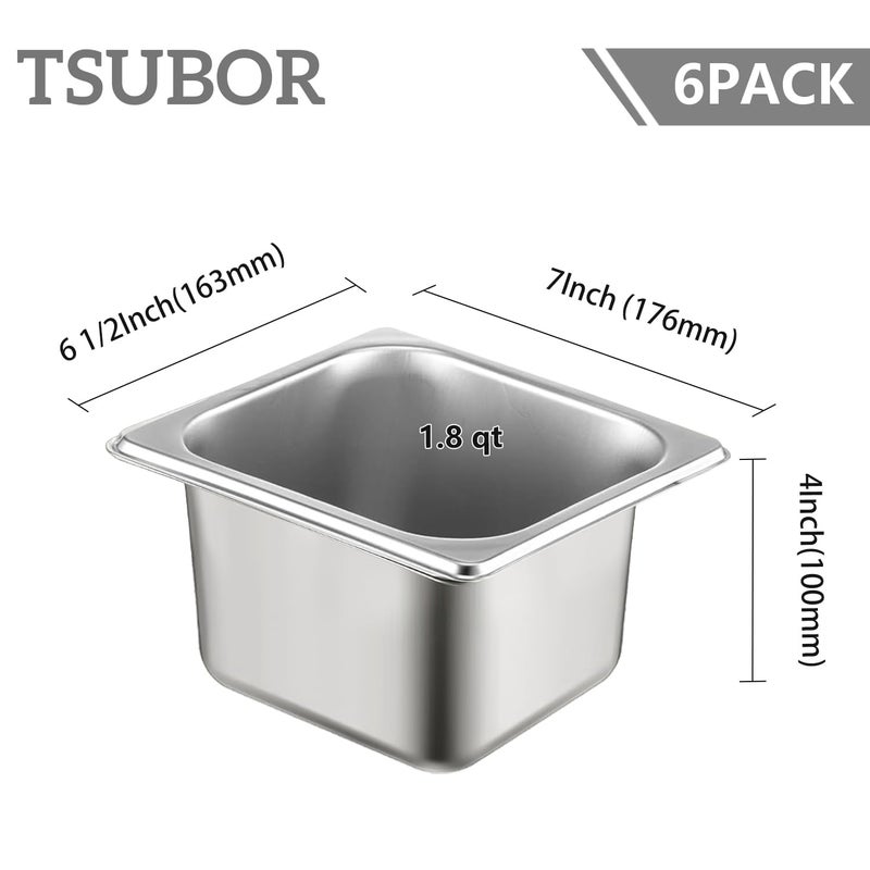 TSUBOR 6 Set Stainless Steel Hotel Pans 1/6 Size 4 Inch Deep With Lids, Anti-Jam Chafing Steam Table Pans, Catering Food Storage Metal Pan - Image 2