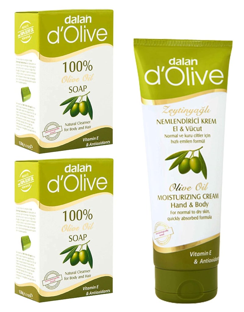 Dalan مجموعة دالان د أوليف زيت الزيتون النقي كريم اليدين والجسم 75 مل صابون زيت الزيتون النقي 100% عبوة مزدوجة 150 جرام مستورد من تركيا - Image 1