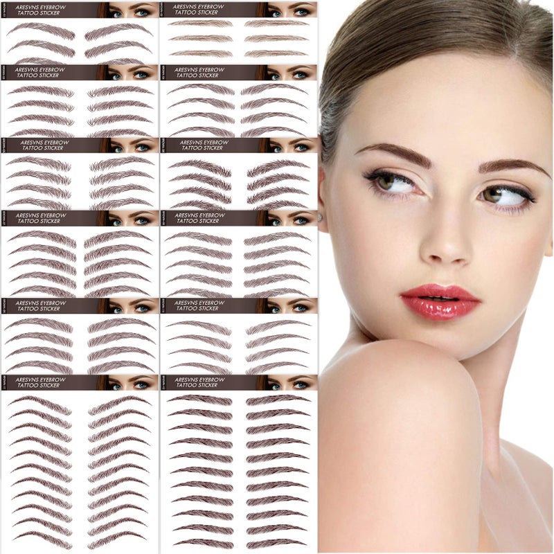 Aresvns Eyebrow Tattoo Stickers 132 Pairs! Realistic 4D, 12 Shapes, Reddish Brown (Chocolate) Transfers - Image 1