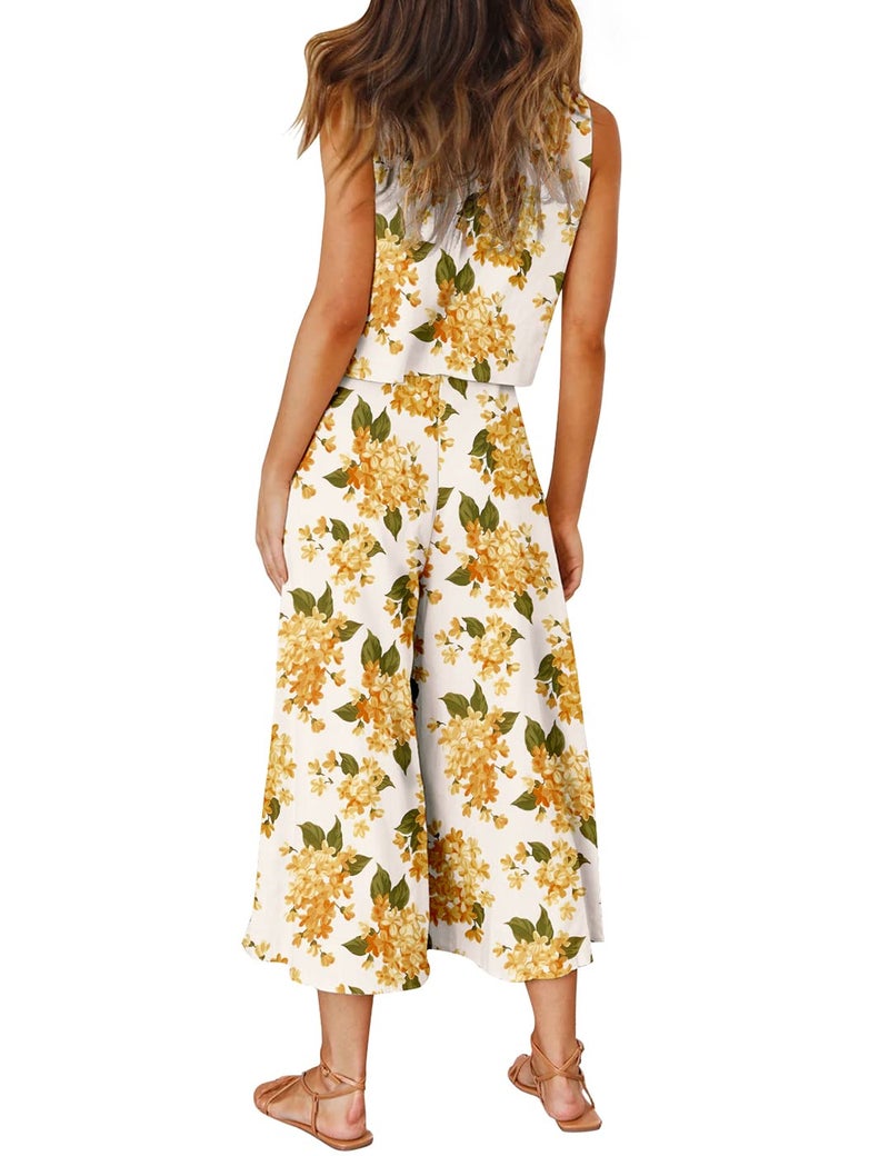ROYLAMP Women's Summer 2 Piece Outfits Round Neck Crop Basic Top Cropped Wide Leg Pants Set Jumpsuits White Floral Big X-Large - Image 4