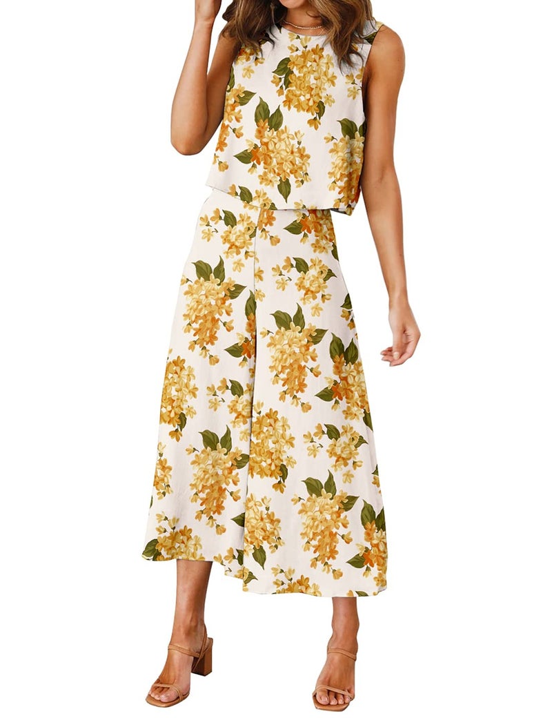 ROYLAMP Women's Summer 2 Piece Outfits Round Neck Crop Basic Top Cropped Wide Leg Pants Set Jumpsuits White Floral Big X-Large - Image 2
