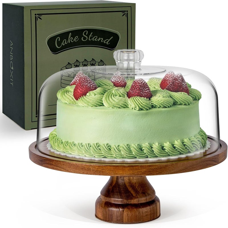 ANBOXIT Cake Stand with Dome Lid, Acacia Wood Cake Plate with Cover, Wooden Cake Display Stand with Acrylic Dome - Footed - Image 1