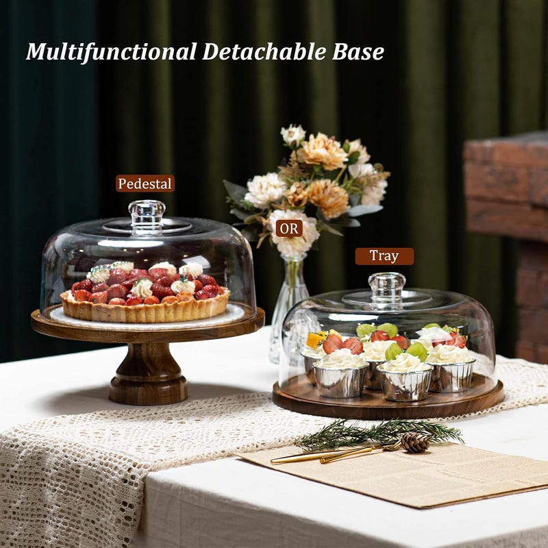 ANBOXIT Cake Stand with Dome Lid, Acacia Wood Cake Plate with Cover, Wooden Cake Display Stand with Acrylic Dome - Footed - Image 2