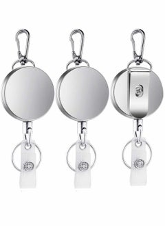 Retractable Badge Holder Reel Clip 3 Pack Heavy Duty Metal ID Badge Holder with Swivel Snap Hook Metal Body and Clip Retractable Cord ID Strap and Key Ring Key Chain Silver