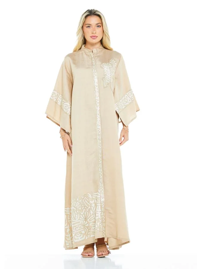 Thouq Beige Embroidered Flared Sleeves Maxi Jalabiya