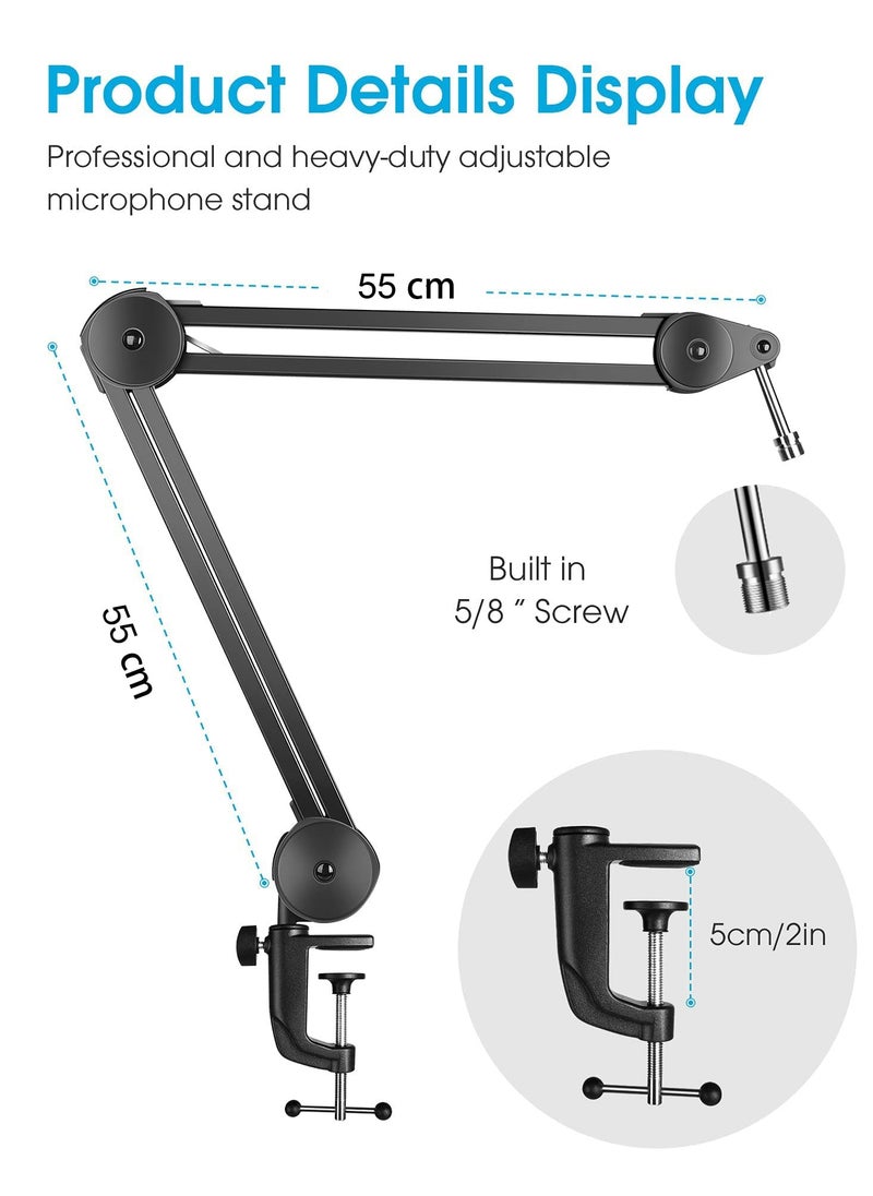 لففا حامل ميكروفون Boom Arm، حامل ميكروفون قوي مع حامل ميكروفون قابل للتعديل بمقص تعليق مع حامل مكتبي، برغي 3/8 بوصة إلى 5/8 بوصة، روابط كابل، لتسجيل الألعاب والبث الصوتي (أسود، 55 سم)  - Image 2