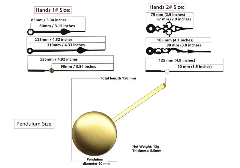 TIKROUND حركة ساعة البندول لحن الجرس TIKROUND Original Youngtown 12888 مع مجموعتين من العقارب 23.5 مم (59/64 بوصة) طول العمود 16 مم (5/8 بوصة) طول الخيط. - Image 3
