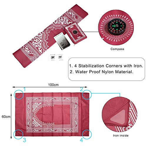 Hitopin Travel Prayer Mat, 60cm*100cm Portable Red Nylon Waterproof Praying Rug with Compass, Qibla Finder, Perfect for Ramadan Gifts, Islamic Prayer - Image 3