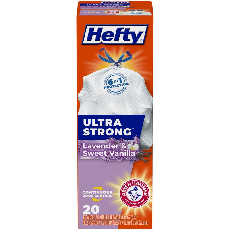 Hefty Ultra Strong Tall Kitchen Trash Bags, Lavender & Sweet Vanilla Scent, 13 Gallon, 20 Count - Image 1