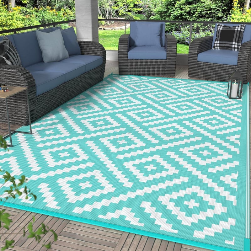 GENIMO Outdoor Rug for Patio Clearance, 6'x9' Waterproof Camping Mat, Reversible Plastic Straw Rugs for RV, Camper, Balcony, Backyard, Picnic, Deck (Aqua Blue & White) - Image 1
