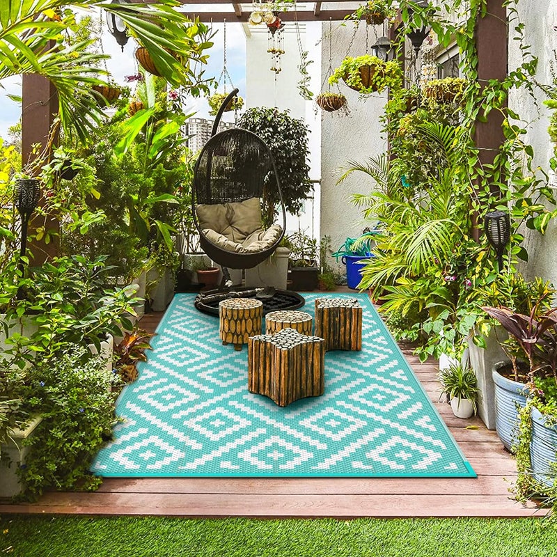 GENIMO Outdoor Rug for Patio Clearance, 6'x9' Waterproof Camping Mat, Reversible Plastic Straw Rugs for RV, Camper, Balcony, Backyard, Picnic, Deck (Aqua Blue & White) - Image 3