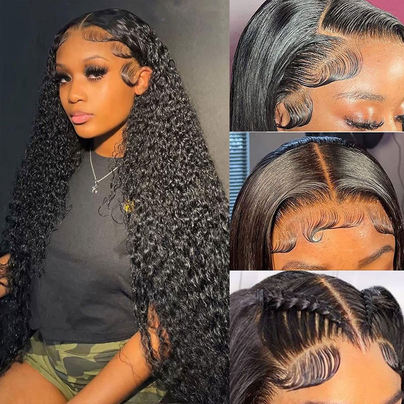 Daules 5x5 HD Lace Closure Wigs Human Hair 5x5 Deep Wave Lace Closure Wig for Women 5x5 Deep Curly Transparent Lace Front Wigs 180 Density Curly Closure Wigs Pre Plucked Natural Black Color 22inch