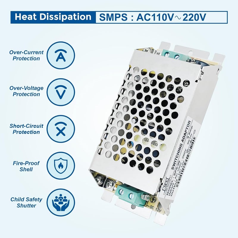 MX مزود طاقة CCTV 12V 3A مع هيكل معدني | محول SMPS مكتبي 220V AC إلى 12V DC | يدعم حتى 6 كاميرات أمنية، DVR، NVR، نوع رصاصة، قبة، PTZ - Image 4