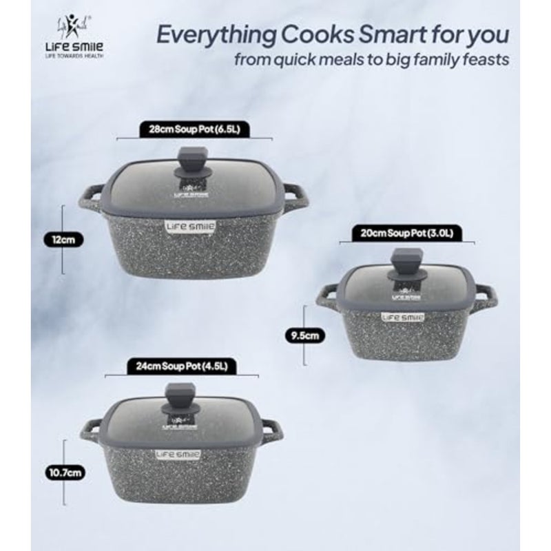 6-Pieces 20/24/28cm Granite Coated Nonstick Soup Pot Set with Silicone Glass Lids - Multi-Layer Coating Induction Bottom, Blue - Image 2