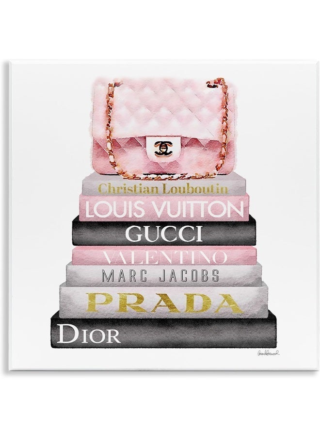 Stupell Industries The Home Décor Collection Watercolor High Fashion Bookstack Padded Pink Bag Wall Plaque Art, 12 x 12 - Image 1