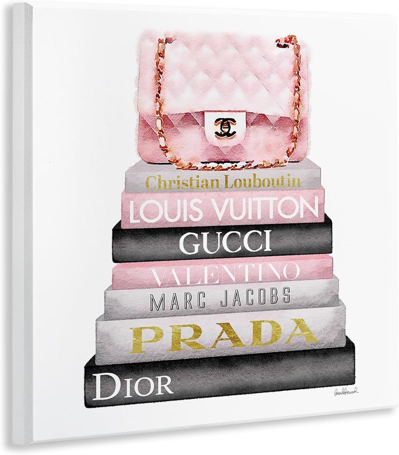 Stupell Industries The Home Décor Collection Watercolor High Fashion Bookstack Padded Pink Bag Wall Plaque Art, 12 x 12 - Image 3