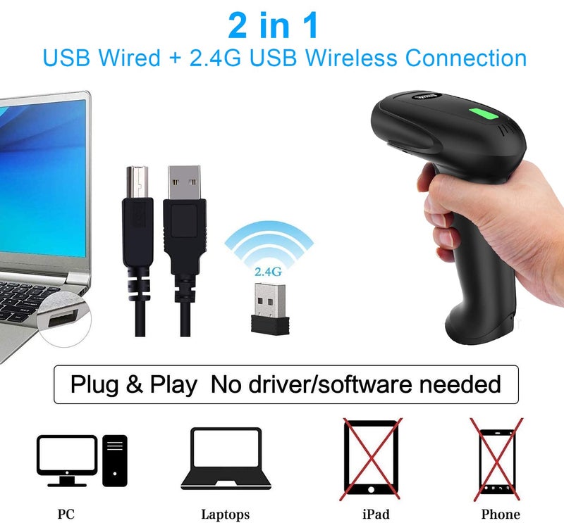 symcode USB Wireless Barcode Scanner with Stand,Symcode Barcode Scanner Versatile 2-in-1 (2.4Ghz Wireless+USB 2.0 Wired) Rechargeable Cordless 1D Barcode Reader Handheld Bar Code Scanner - Image 3