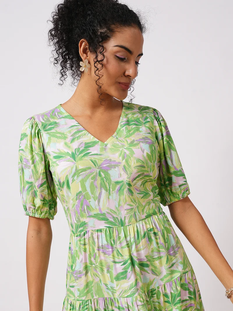 globus Women Tropical Printed Puff Sleeve Maxi Dress