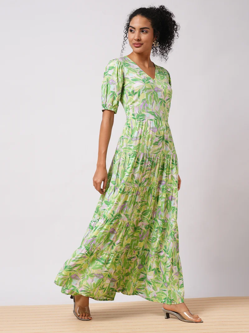 globus Women Tropical Printed Puff Sleeve Maxi Dress