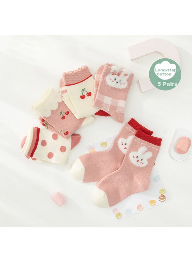 Flag Platinum Qibo Socks Rabbit Cherry Children's Mid-calf Socks (5 Pairs) XL Size - (recommended Foot Length 20-22cm, Ages 9-12) - Image 1