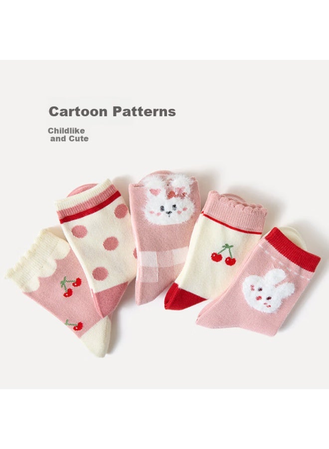 Flag Platinum Qibo Socks Rabbit Cherry Children's Mid-calf Socks (5 Pairs) XL Size - (recommended Foot Length 20-22cm, Ages 9-12) - Image 3