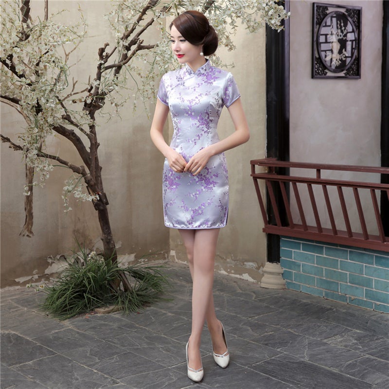 Slim Fit Short Cheongsam - Stand Collar Light Purple Plum Blossom Cheongsam for Daily Life Banquet Costume Use - Image 1