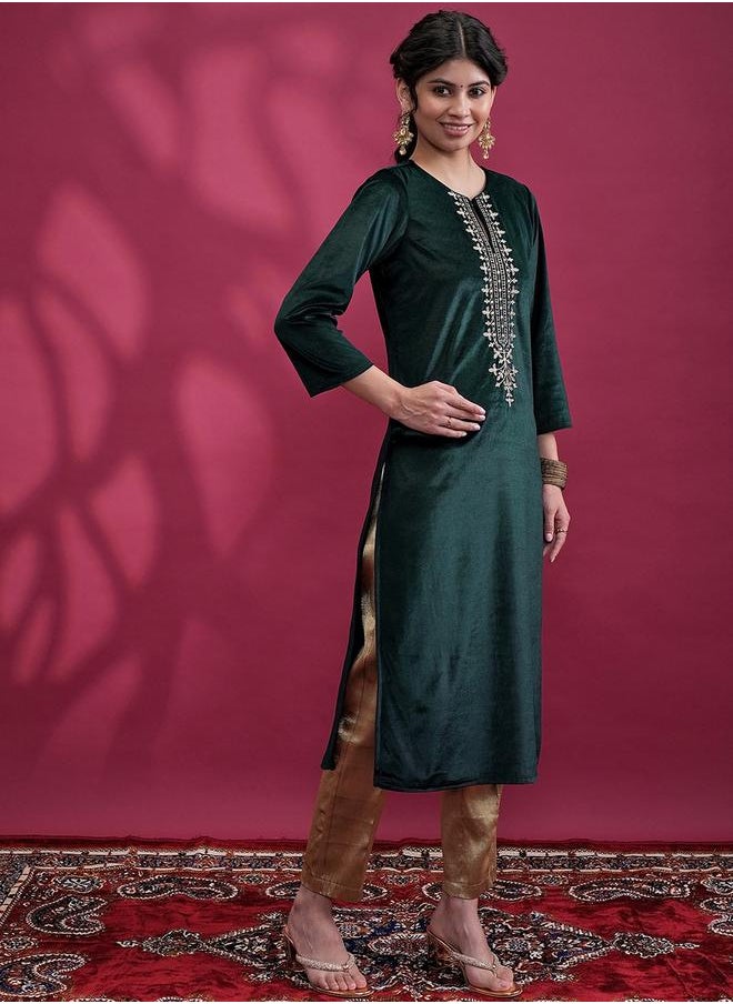 Vishudh - Round Neck Yoke Design Thread Work Kurta by Styli - Image 1