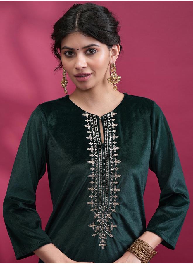 Vishudh - Round Neck Yoke Design Thread Work Kurta by Styli - Image 1