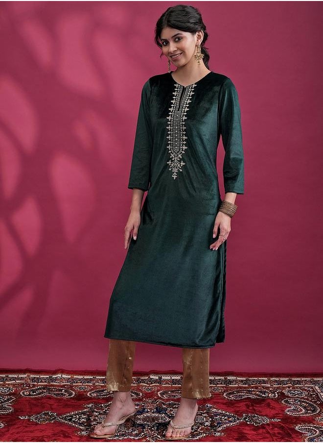 Vishudh - Round Neck Yoke Design Thread Work Kurta by Styli - Image 1