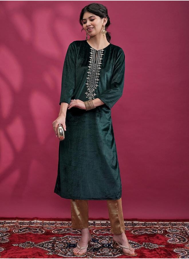 Vishudh - Round Neck Yoke Design Thread Work Kurta by Styli - Image 1
