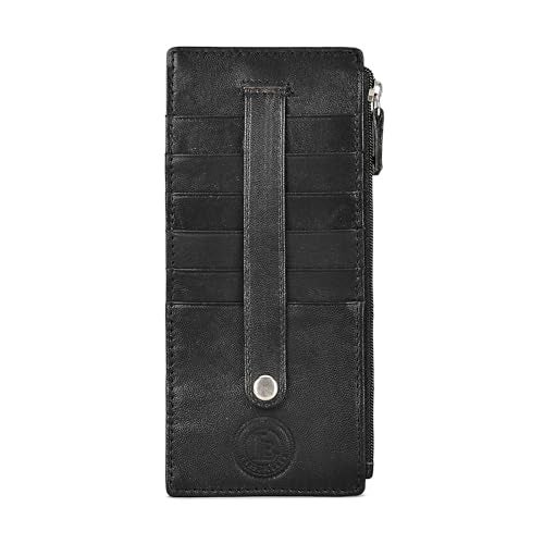 LB LEATHERBOSS Leatherboss Genuine Leather Women's All in One Credit Business Card Case Holder Slim Zipper Wallet With a Card Protection Strap, Black - Image 1
