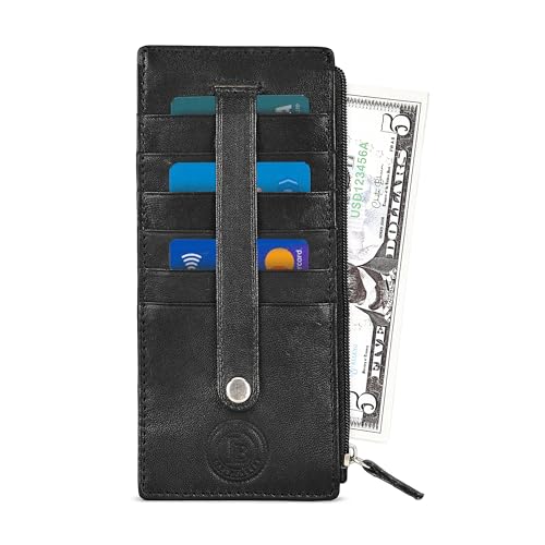 LB LEATHERBOSS Leatherboss Genuine Leather Women's All in One Credit Business Card Case Holder Slim Zipper Wallet With a Card Protection Strap, Black - Image 3