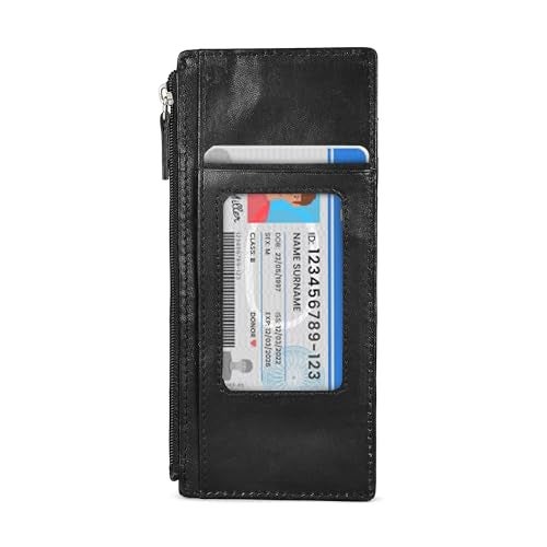 LB LEATHERBOSS Leatherboss Genuine Leather Women's All in One Credit Business Card Case Holder Slim Zipper Wallet With a Card Protection Strap, Black - Image 2