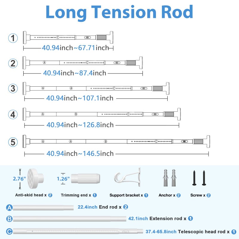 QINGYUN Long Tension Rod 39-144inch White Tension Curtain Rods no Drilling 1.26" Diameter Adjustable Outdoor Curtain Rod for Windows,Shower,Patio,Doorway,Heavy Duty Spring Rods - Image 5