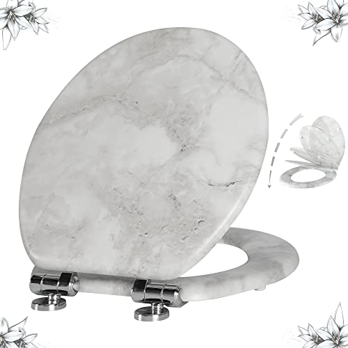 Angel Shield Marble Toilet Seat Durable Molded Wood with Quiet Close,Easy Clean，Quick-Release Hinges (Round,Gray Marble) - Image 1
