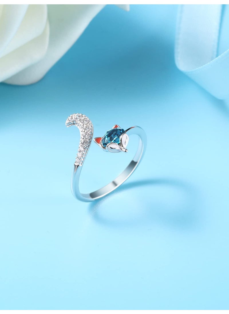 PLATO H PLATO H Crystal Fox Head Ring for Women in Sterling Silver - Unique Animal Tail Bands with Jewelry Box, Gifts for Wedding Anniversaries, Valentine's Day, Birthday, Christmas, Adjustable Open Stacking  - Image 3