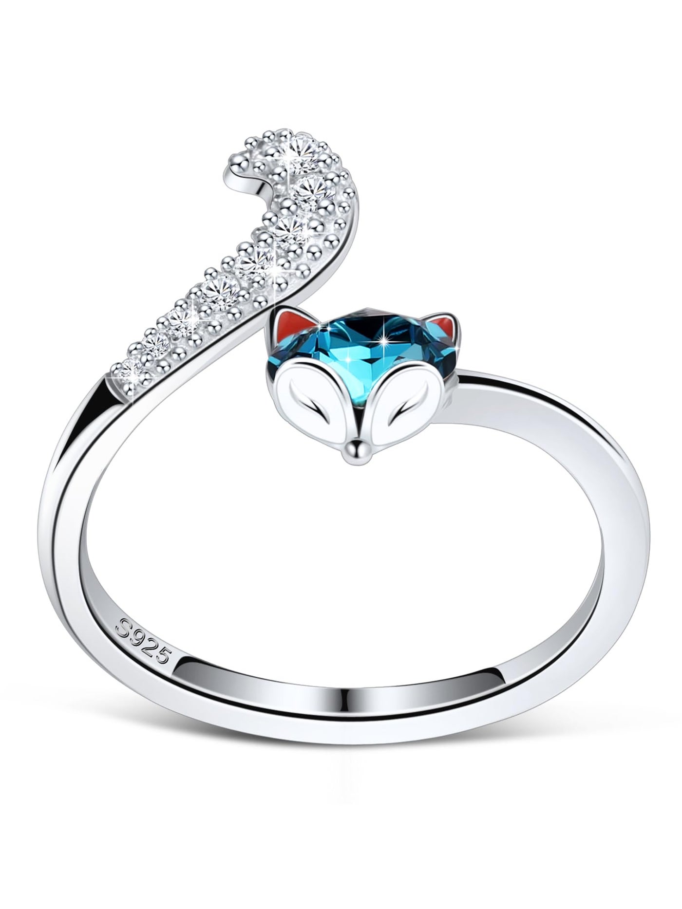 PLATO H Crystal Fox Head Ring for Women in Sterling Silver - Unique Animal Tail Bands with Jewelry Box, Gifts for Wedding Anniversaries, Valentine's Day, Birthday, Christmas, Adjustable Open Stacking