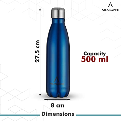 Atlasware Stainless Steel Vacuum Insulated Water Bottle | Durable BPA-Free Leakproof Double Wall Thermos Flask for Tea, Office, Travel, Home and Kitchen Use (Dark Blue, 500ml) - Image 3