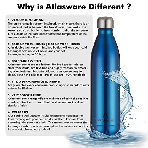 Atlasware Stainless Steel Vacuum Insulated Water Bottle | Durable BPA-Free Leakproof Double Wall Thermos Flask for Tea, Office, Travel, Home and Kitchen Use (Dark Blue, 500ml) - Image 5