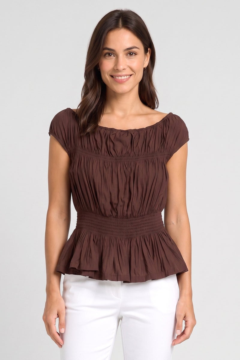 Threadbare Women Boat Neck Cap Sleeve Shirred Top, Chocolate - Image 1